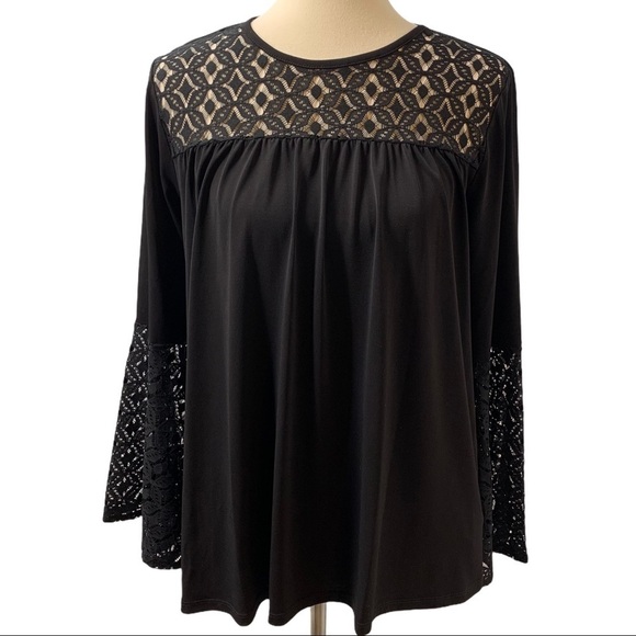 Michael Michael Kors Black Lace Trim Bell Sleeve Pullover Top Women’s Medium - Picture 2 of 13